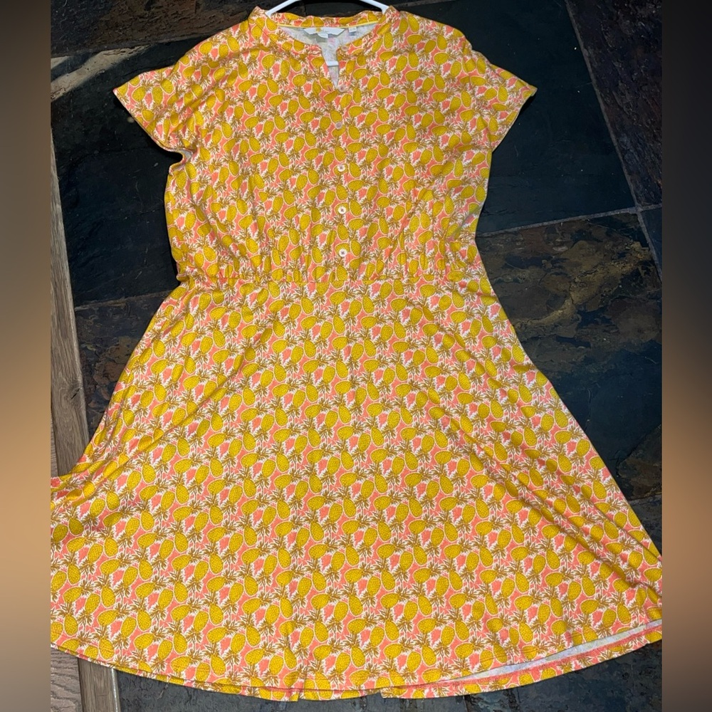 Boden YELLOW pink Pineapple Flippy Jersey Mini DRESS size 14R Flared 1/2 Button